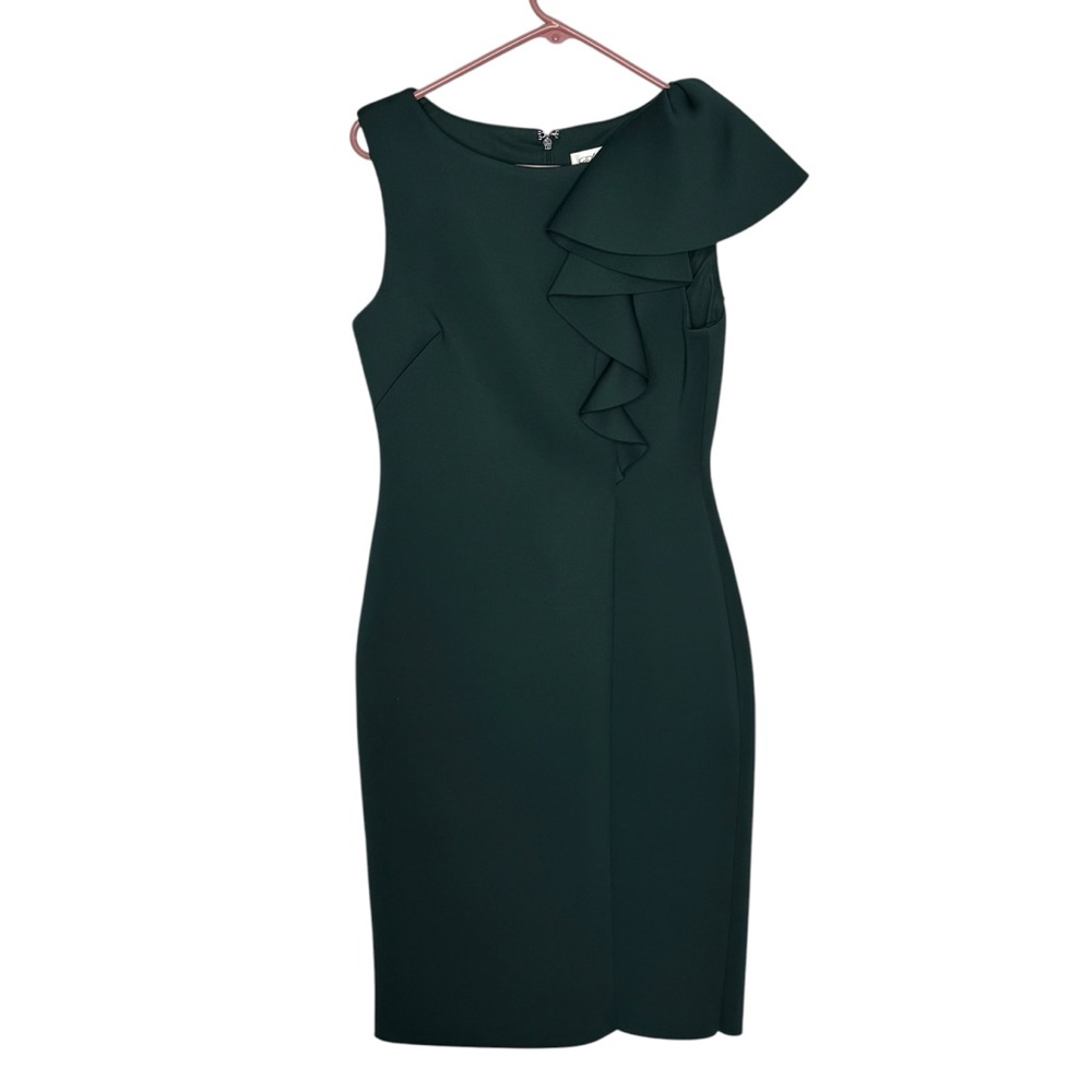 Eliza J 10 Forest Green Polyester/Spandex Ruffle Sleeveless Scuba Sheath Dress